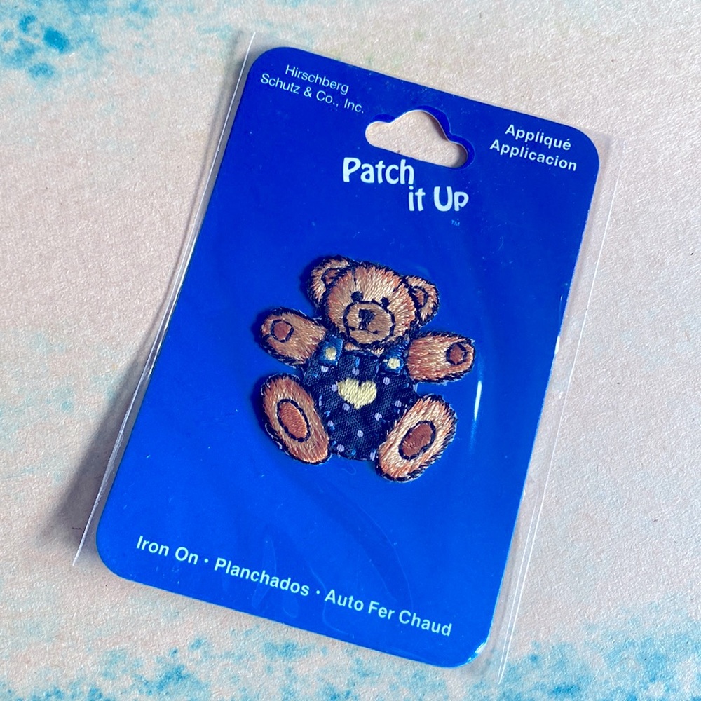 Vintage Hirschberg Embroidered Teddy Bear Overalls Blue Iron-On Applique Patch !